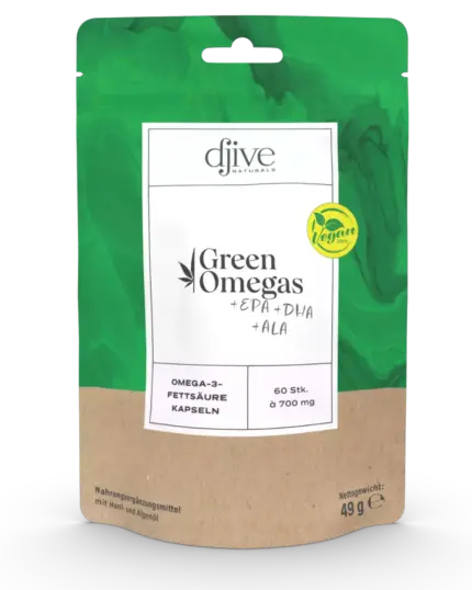 Green Omegas Omega3-Kapseln aus Hanf und Algenöl Frontansicht