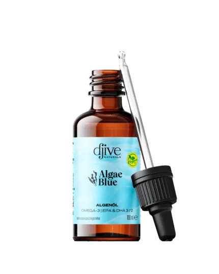Algae Blue Produktflasche mit Pipette – hochdosiertes veganes Omega-3 mit EPA & DHA