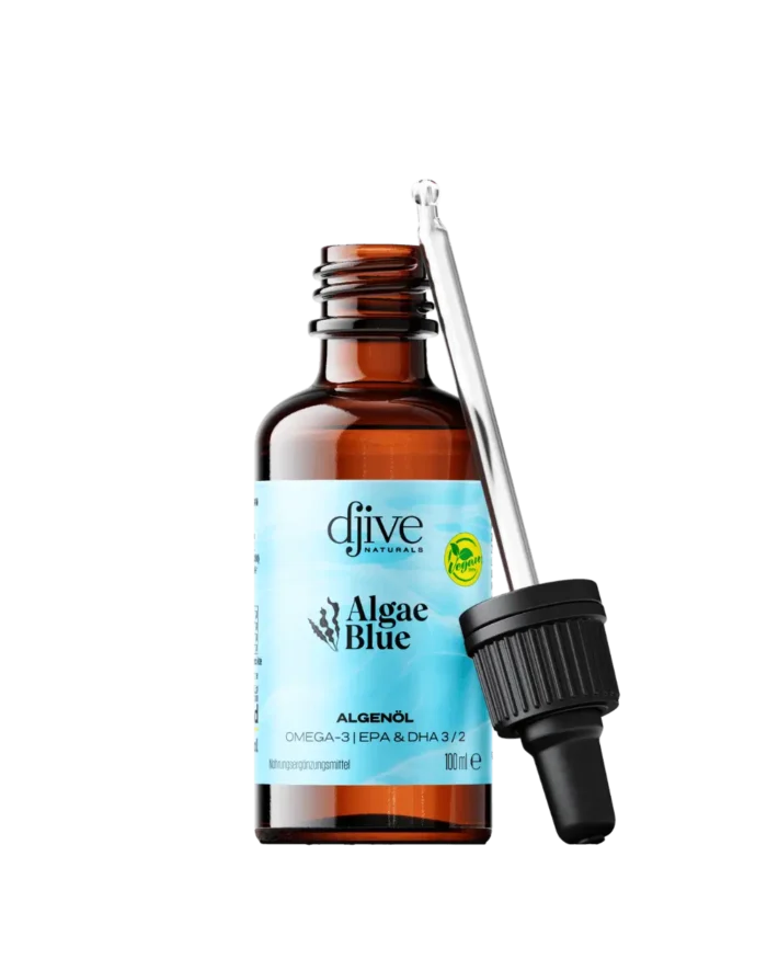 Algae Blue Produktflasche mit Pipette – hochdosiertes veganes Omega-3 mit EPA & DHA