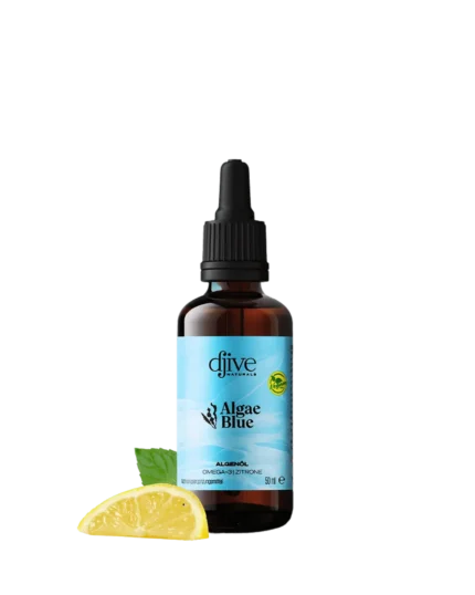 Algae Blue Produktflasche mit Pipette – hochdosiertes veganes Omega-3 mit EPA & DHA