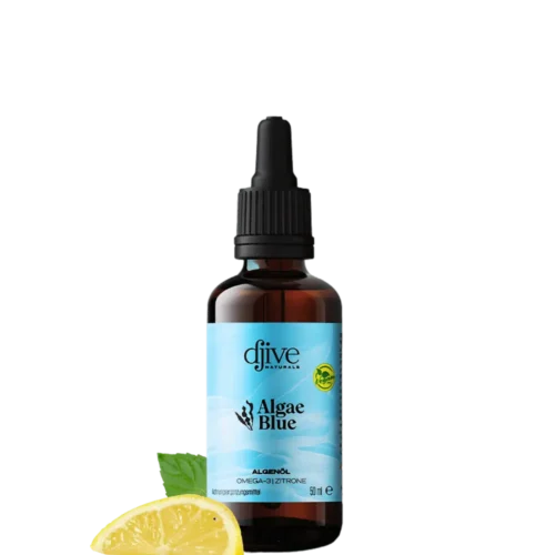 Algae Blue Produktflasche mit Pipette – hochdosiertes veganes Omega-3 mit EPA & DHA