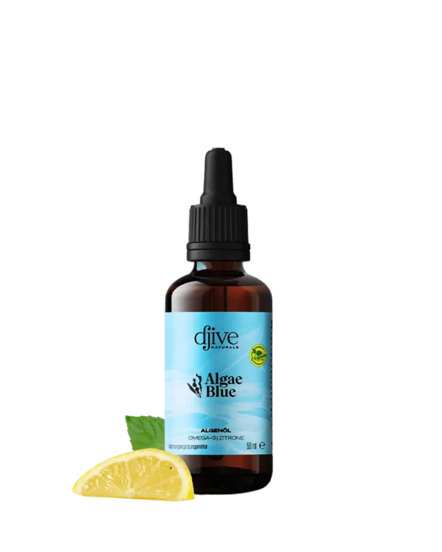 Algae Blue Produktflasche mit Pipette – hochdosiertes veganes Omega-3 mit EPA & DHA