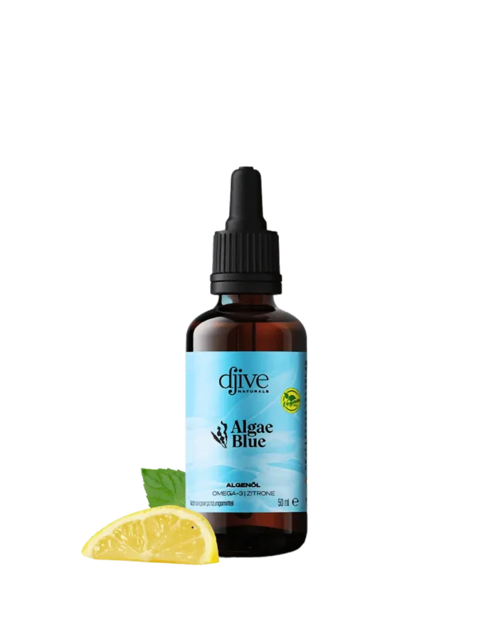 Algae Blue Produktflasche mit Pipette – hochdosiertes veganes Omega-3 mit EPA & DHA